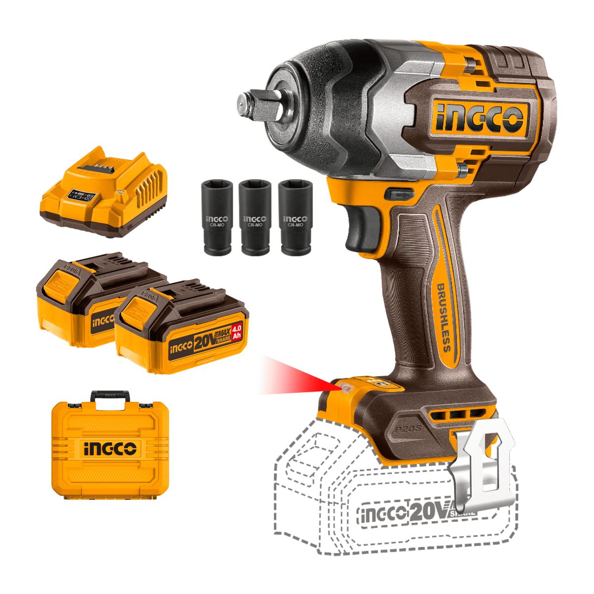 INGCO TOOLS - Llave de impacto 850nm + 2 baterias 4ah y cargador Ingco