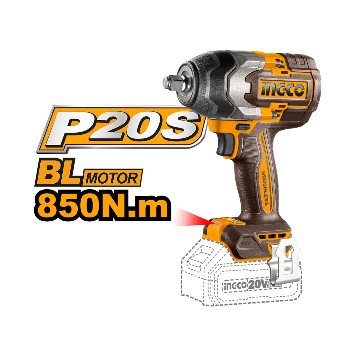 INGCO TOOLS - Llave de impacto 850nm + 2 baterias 4ah y cargador Ingco