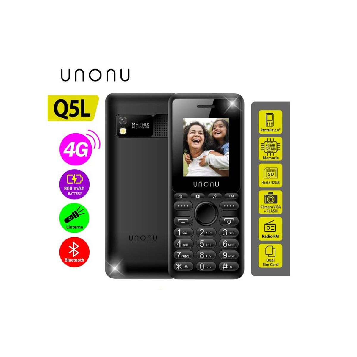 UNONU - UNONU Q5L Teléfono Básico Dual SIM 4G con Batería Duradera y Radio FM.