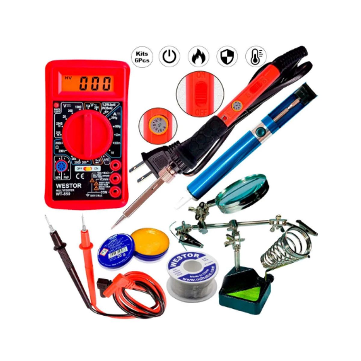 WESTOR - KitMultímetro Multitester-Cautín-Soporte lupa-Succionador-Pasta-Estaño