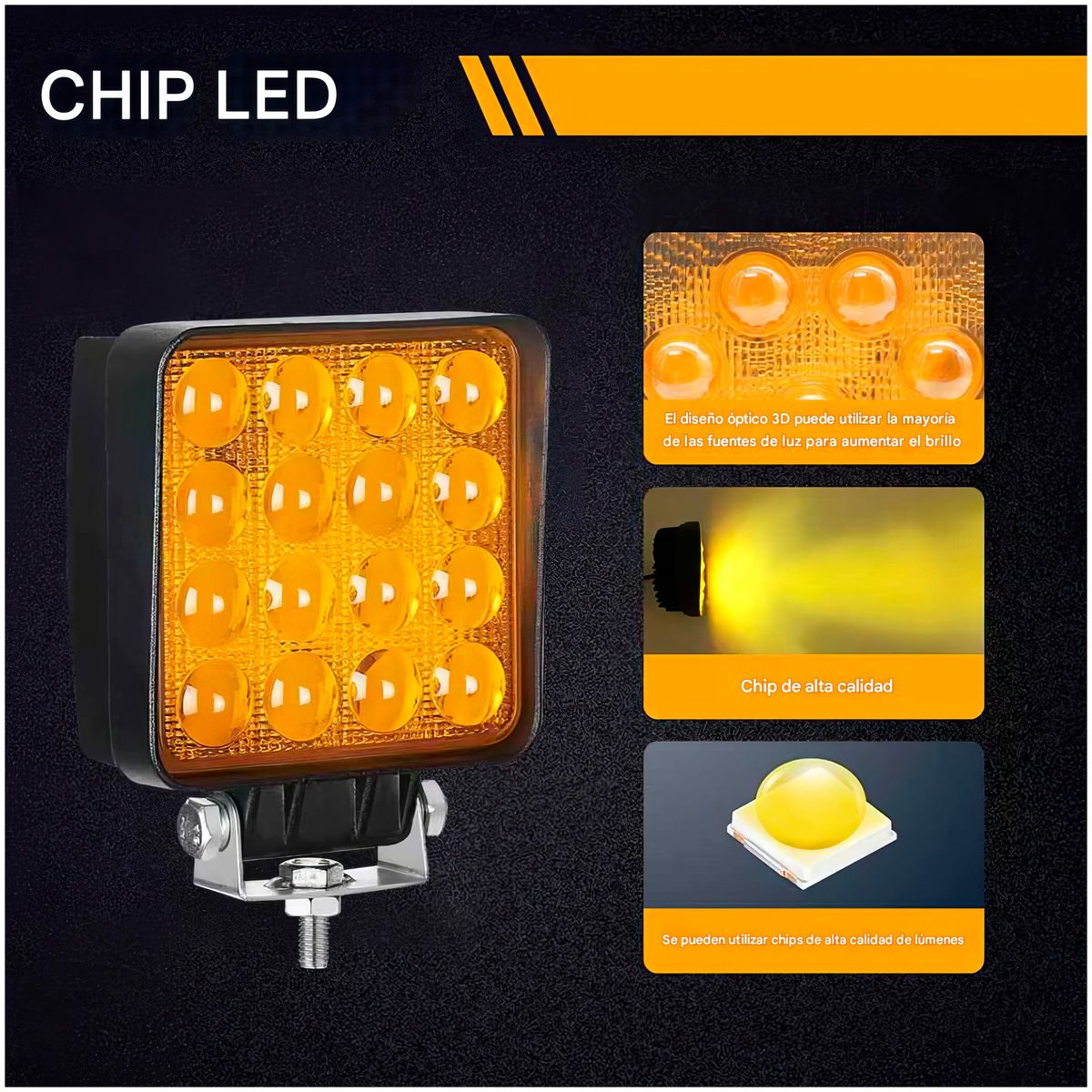 GENERICO - Faro LED16 Cuadrado Ámbar 48W 6000 lm Multivoltaje Impermiable