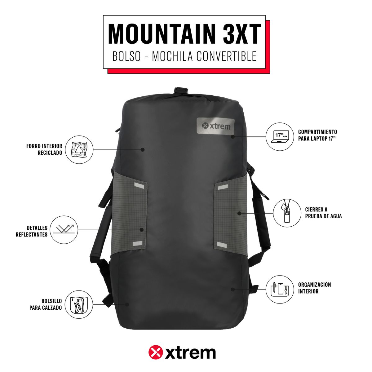 XTREM - Mochila Mountain 3Xt 17'' Black Matte