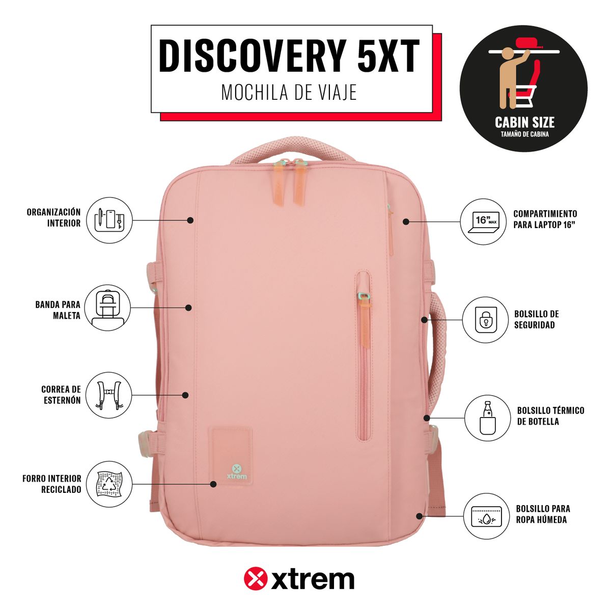 XTREM - Mochila Viajera Discovery 5XT 16'' Vintage Pink
