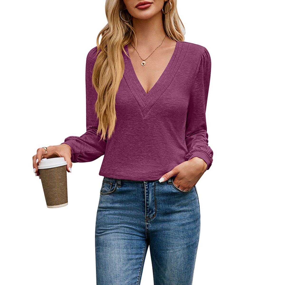 BLWOENS - Camiseta de manga larga de primavera y otoño para mujeres - Violeta