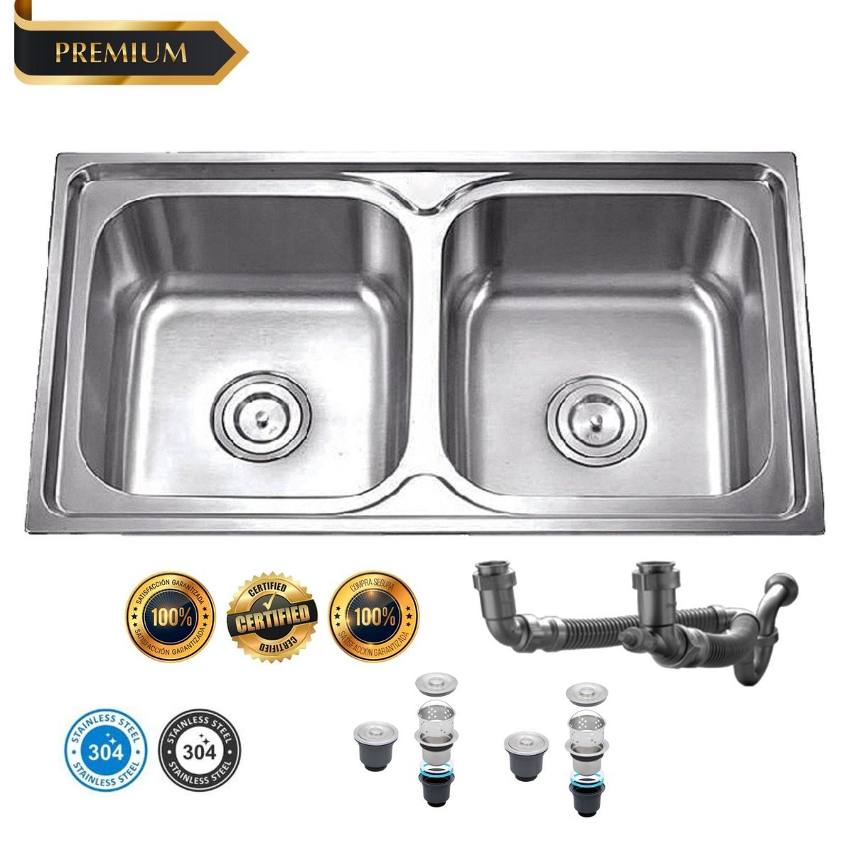 GENERICO - Lavadero para cocina de 2 Pozas de Acero Inoxidable XM. 78cm x 43 cm