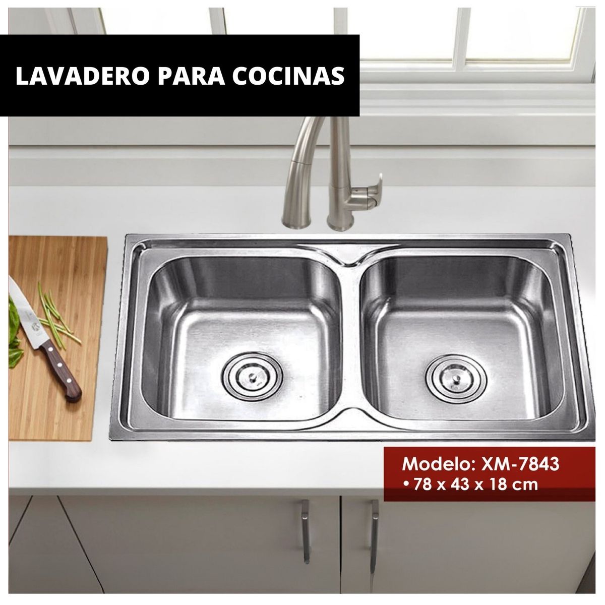 GENERICO - Lavadero para cocina de 2 Pozas de Acero Inoxidable XM. 78cm x 43 cm