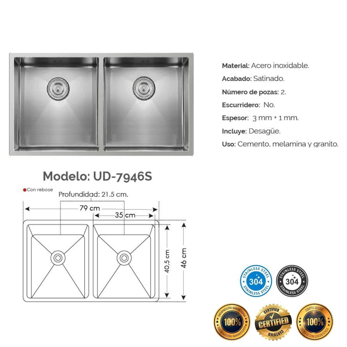 XM - Lavadero de Cocina de Lujo Acero Inoxidable 2 pozas UD-7946S Satinado