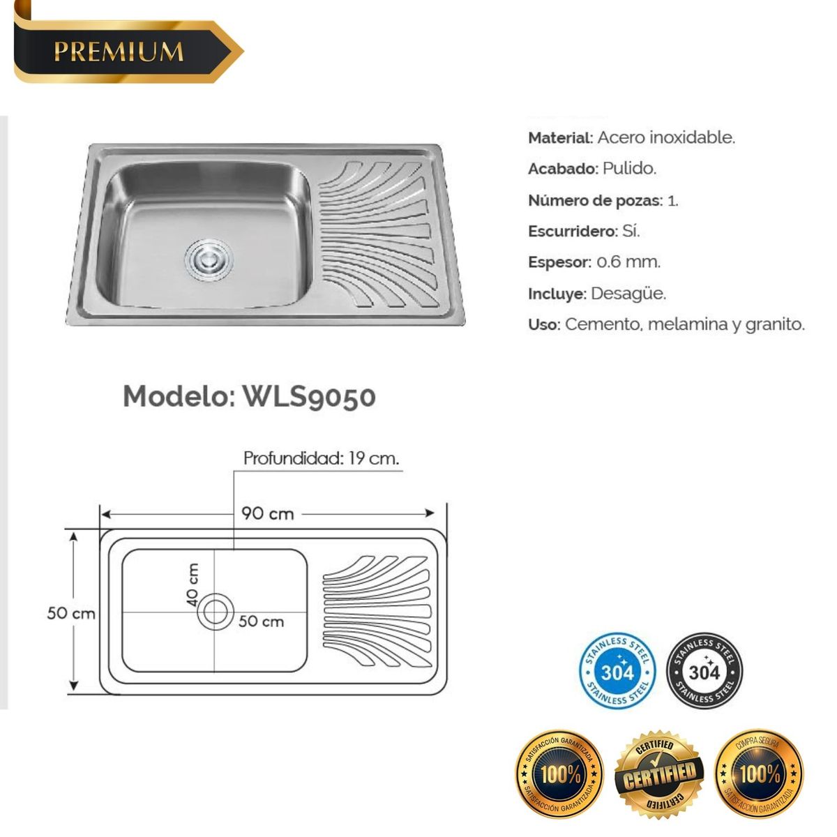 GENERICO - Lavadero para cocina de 1 Poza de Acero Inoxidable 90cm x 50 cm
