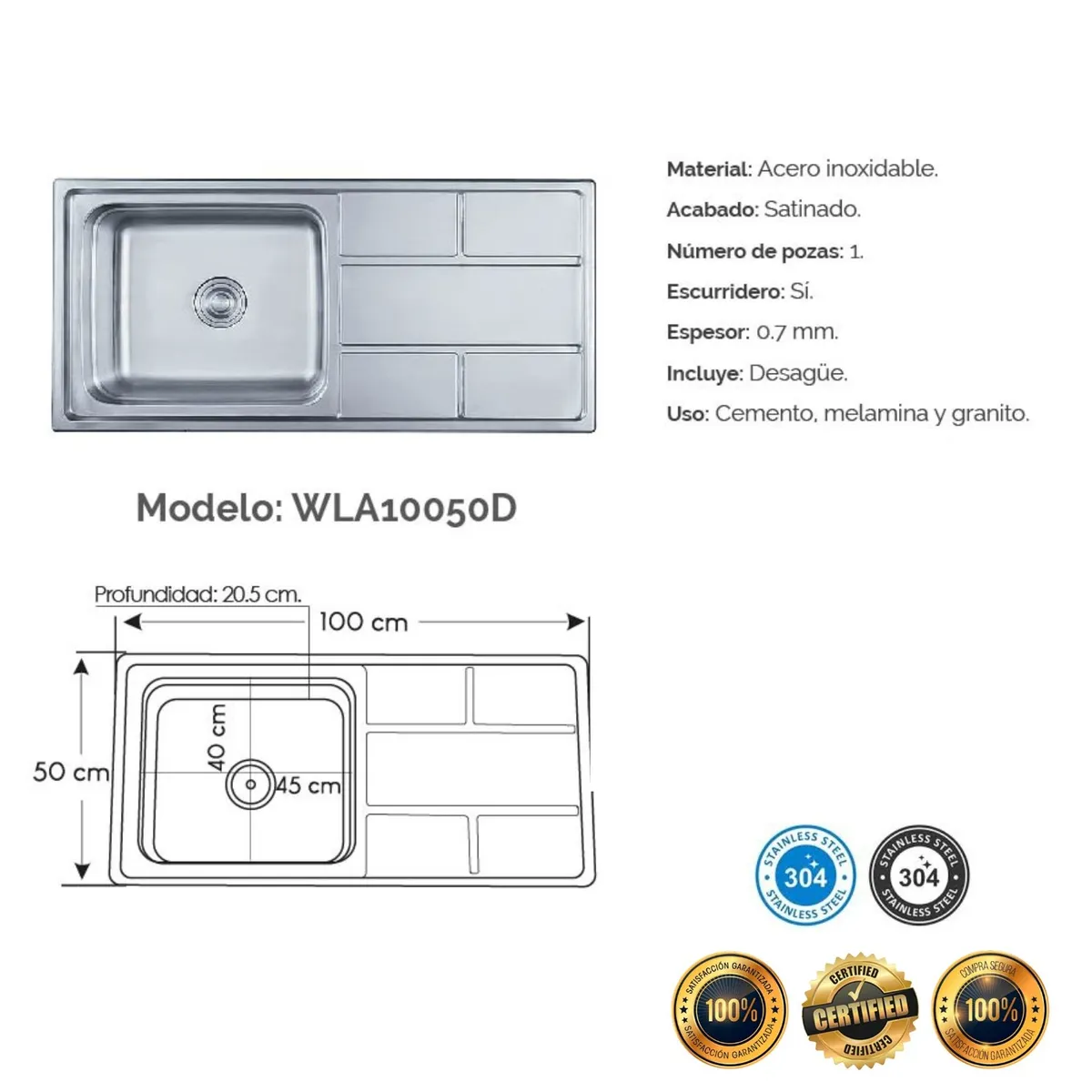 GENERICO - Lavadero de Cocina de Lujo Acero Inoxidable 1 poza WLA10050D