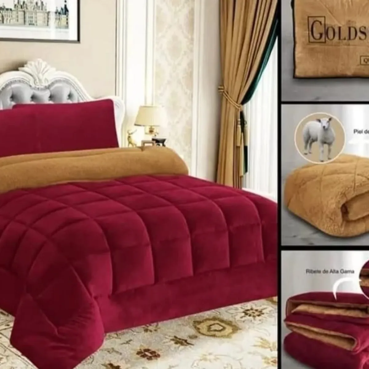GENERICO - EDREDÓN 3 PIEZAS PIEL DE ÁNGEL CON REVERSO CARNERO KING VINO