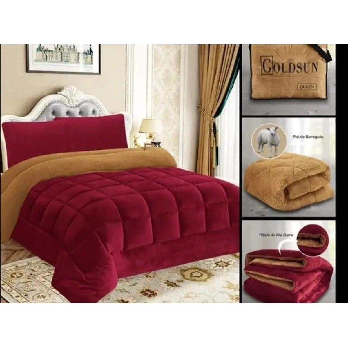 GENERICO - EDREDÓN 3 PIEZAS PIEL DE ÁNGEL CON REVERSO CARNERO KING VINO