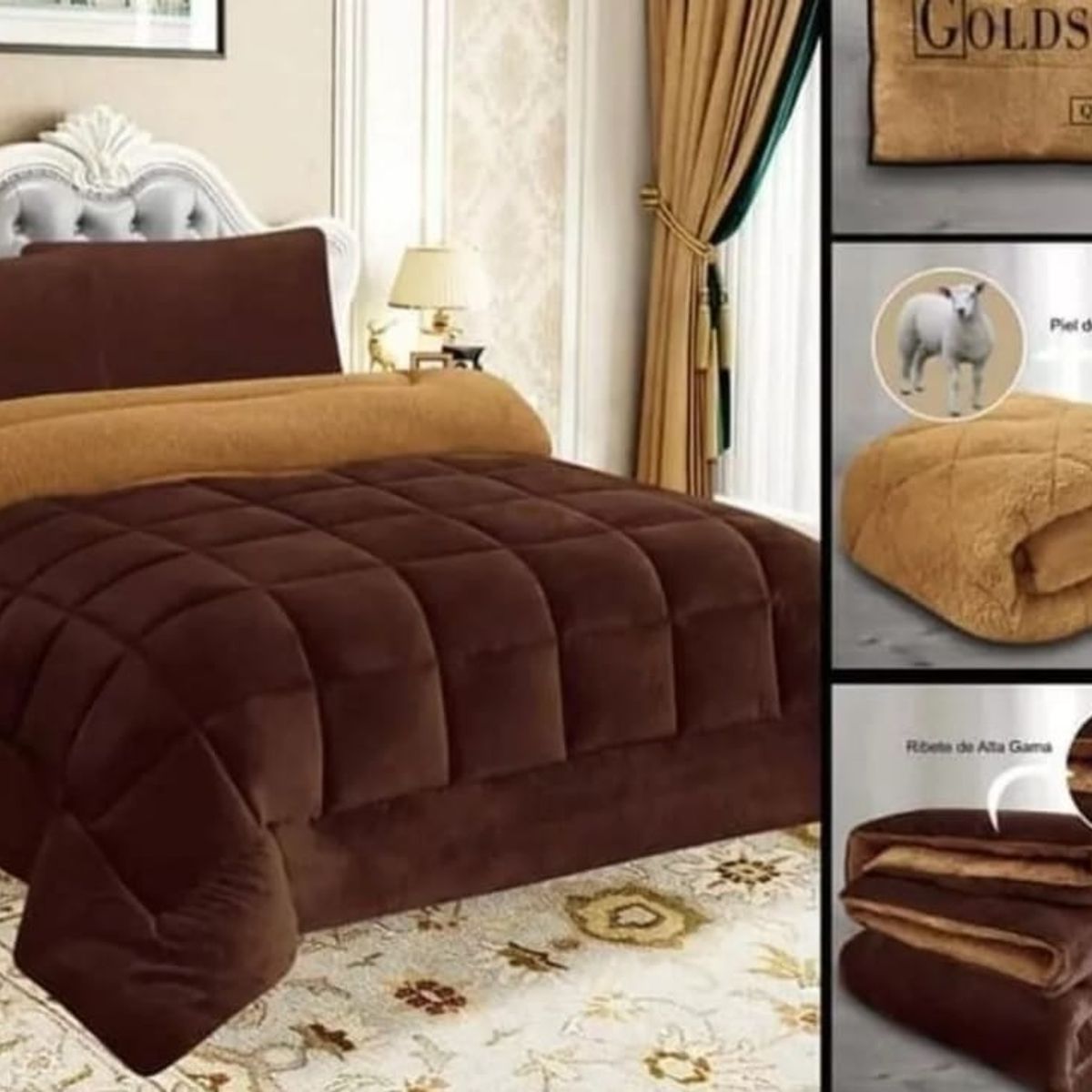 GENERICO - EDREDÓN PIEL DE ANGEL CON REVERSO CARNERITO KING MARRÓN