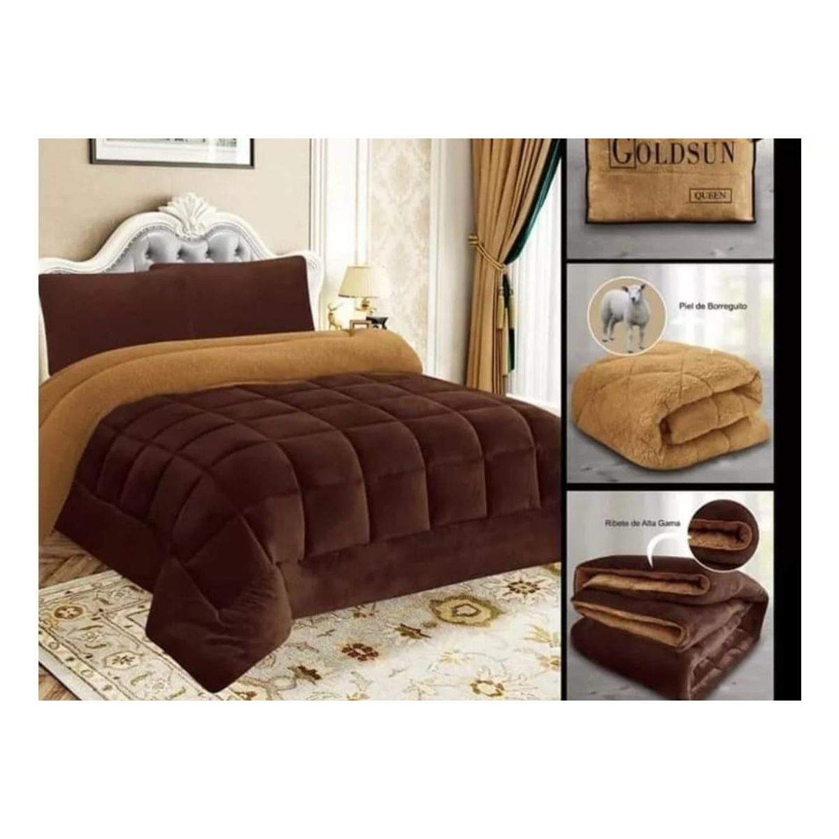 GENERICO - EDREDÓN PIEL DE ANGEL CON REVERSO CARNERITO KING MARRÓN