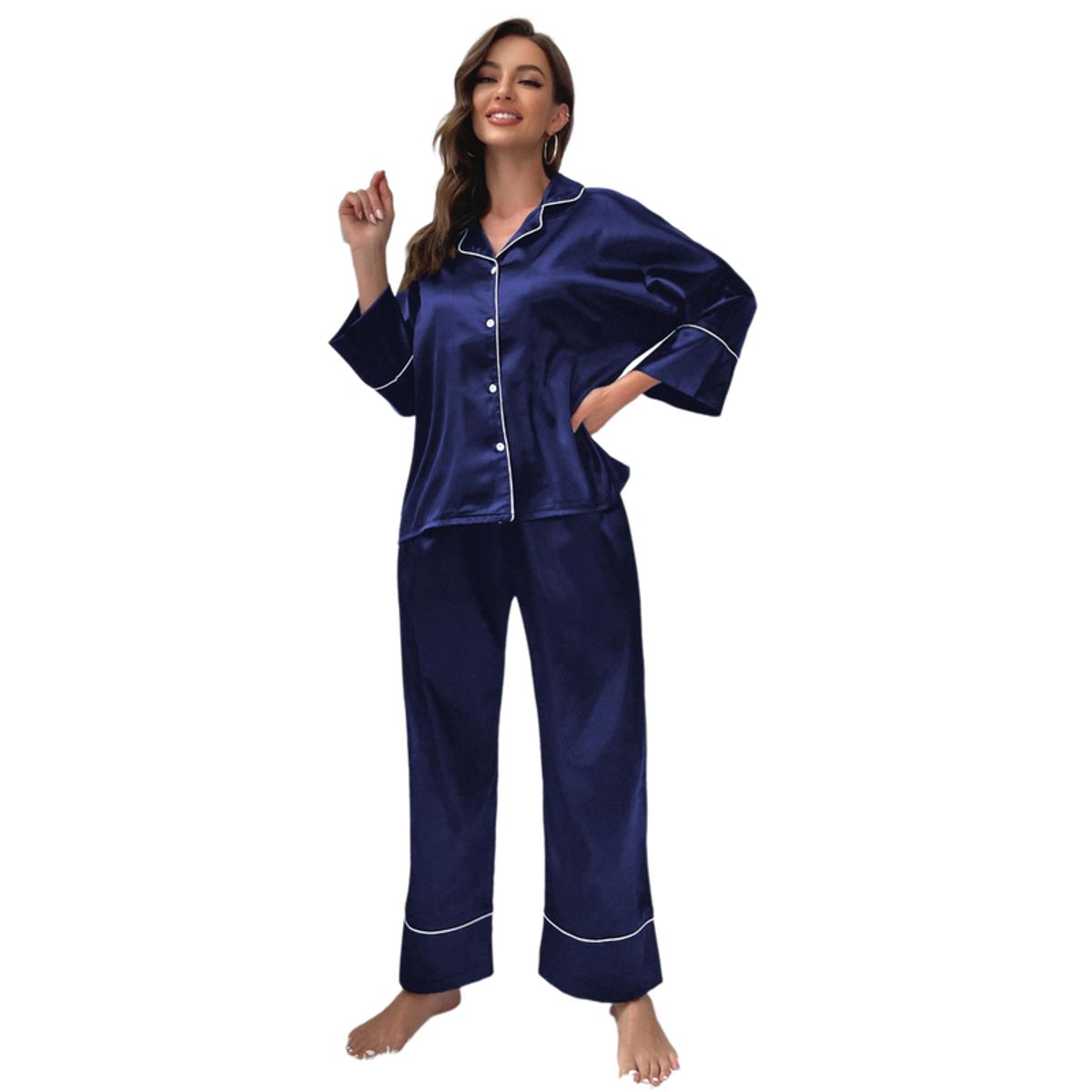 BLWOENS - Pijamas de manga larga y pantalones largos para mujeres - 2 piezas - Azul