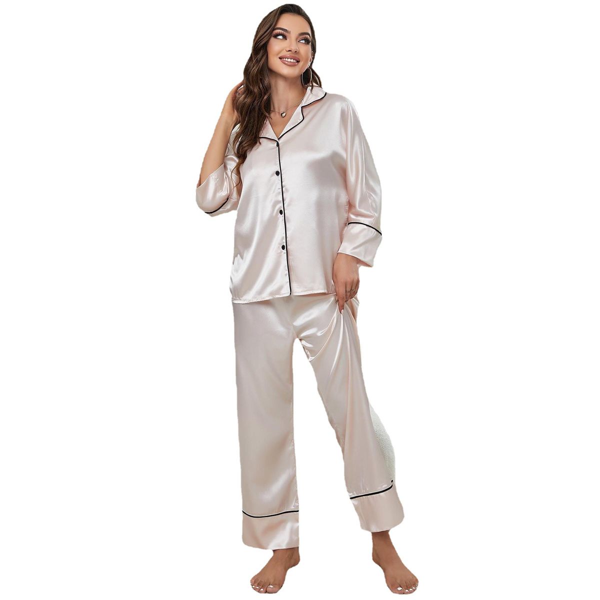 BLWOENS - Pijamas de manga larga y pantalones largos para mujeres - 2 piezas - Beige