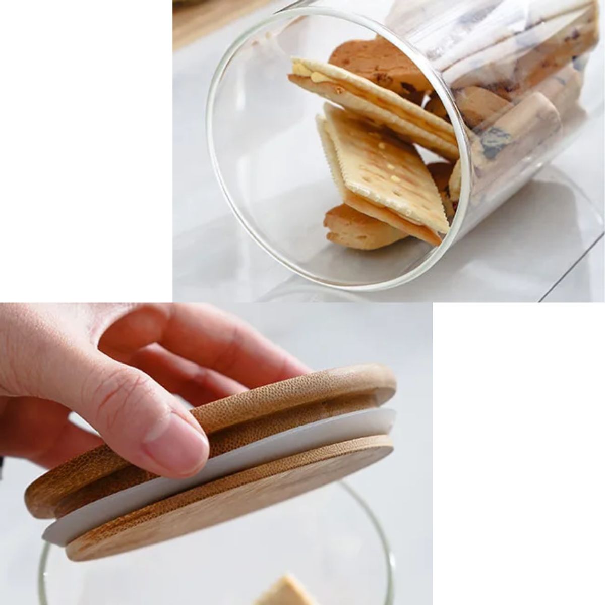 INSPIRA - Set de 3 Frascos contenedor de Vidrio con Tapa y Base de Bambú