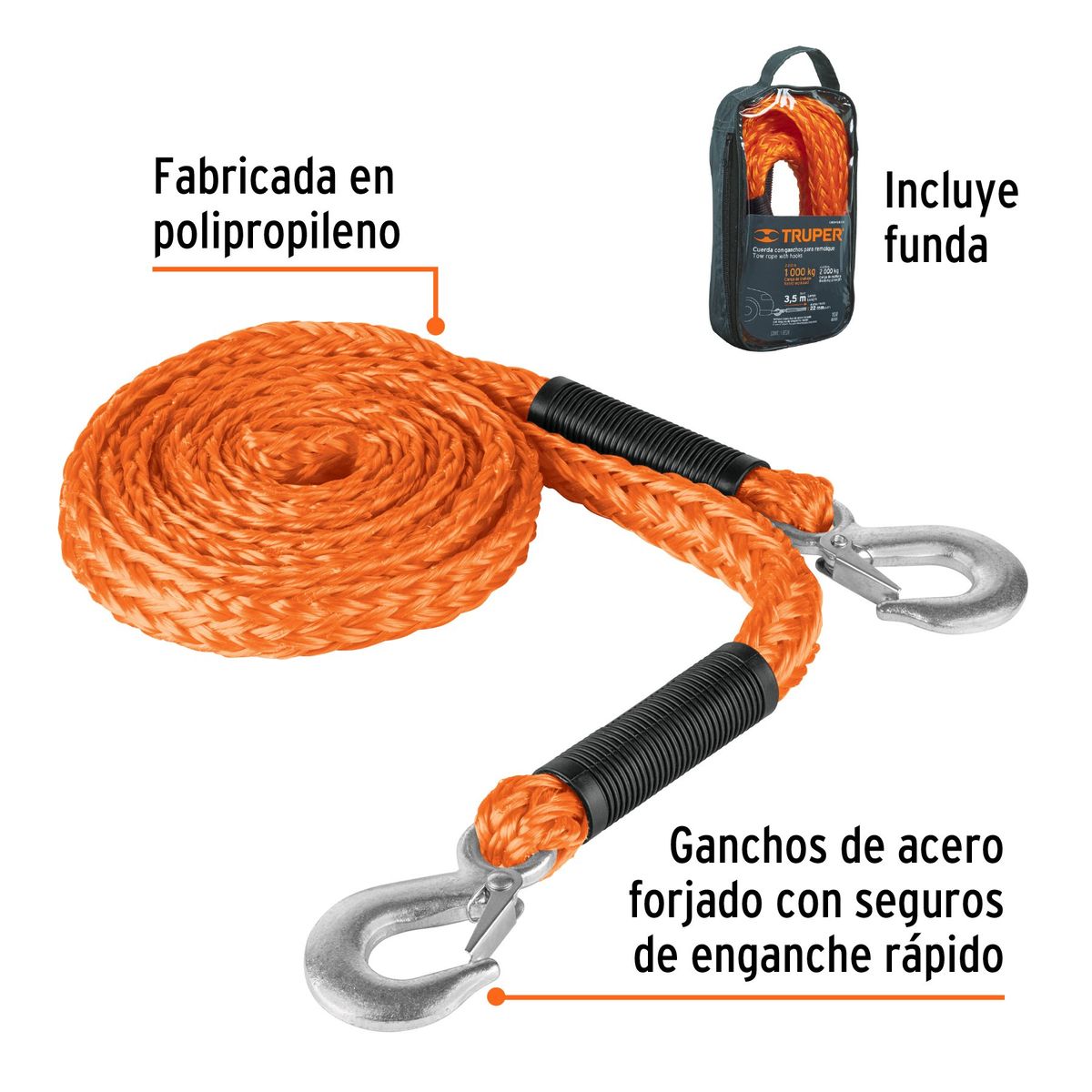 TRUPER - Cuerda con Ganchos para Remolque, 22 mm x 3.5 m, Truper