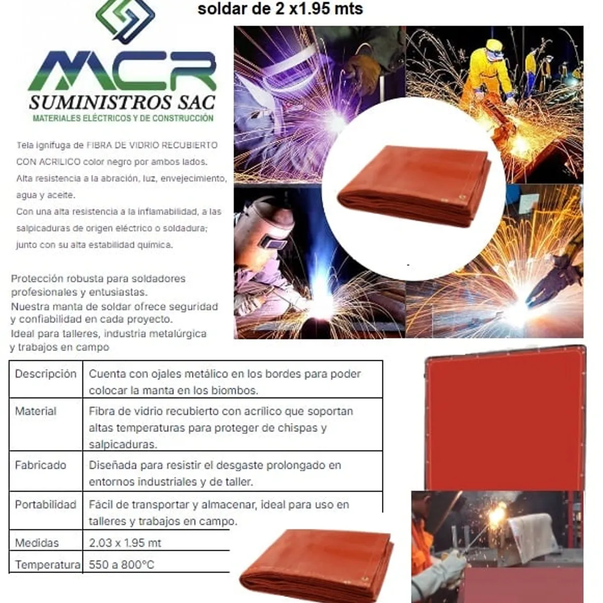 GENERICO - MANTA IGNIFUGA PARA SOLDAR O ALFOMBRA DE 2 x2m 800°C ROJO