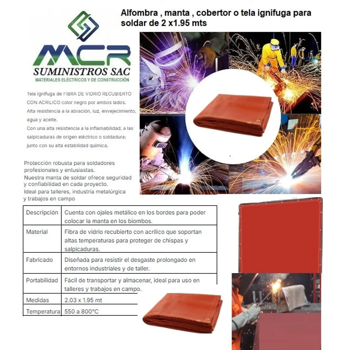 GENERICO - MANTA IGNIFUGA PARA SOLDAR O ALFOMBRA DE 2 x2m 800°C ROJO