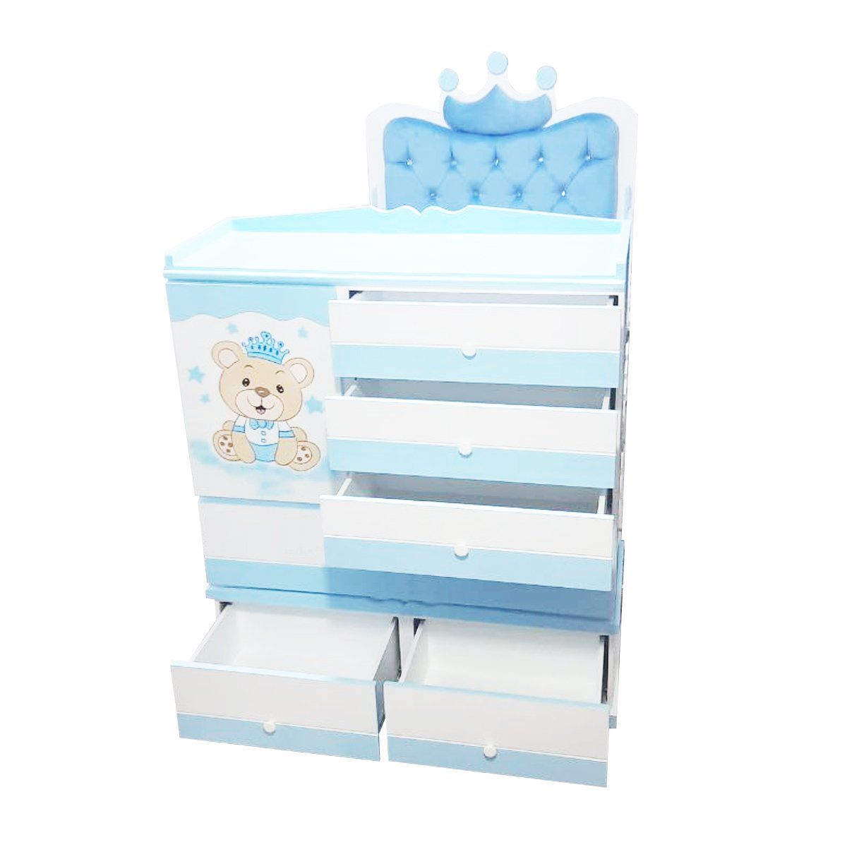 GENERICO - Cama Cuna de 1 1/2 Plz.  oso rey celeste y blanco