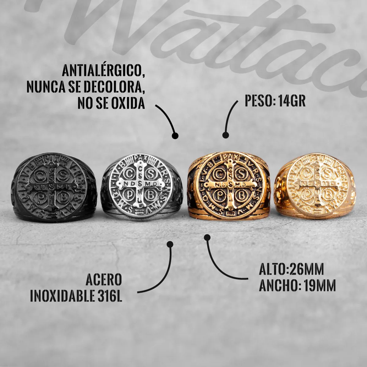 WATTACA - Anillo de Cruz San Benito Abad Silver Acero Premium 316L  Wattaca