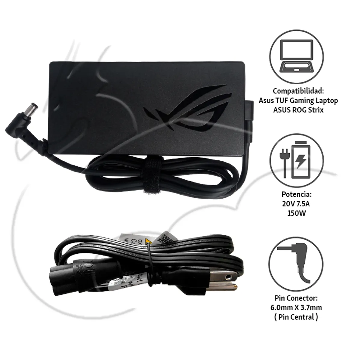 ASUS - Cargador Asus Gamer Rog  20v 7.5a  / 150w  / 6.0 * 3.7 mm  Pin Central