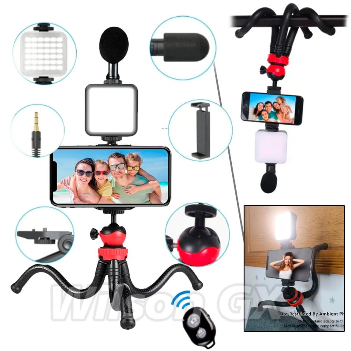 GENERICO - Kit Grabación Tripode Micrófono Control Luz  Soporte Tiktok Vlogger