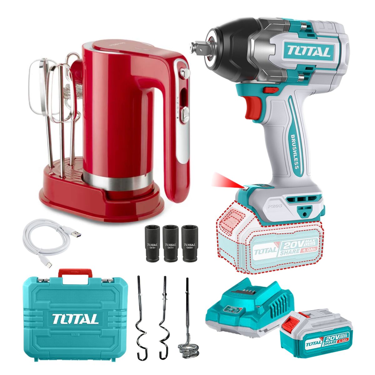TOTAL TOOLS - Llave de impacto 850nm + bateria 4ah + cargador Total + batidora