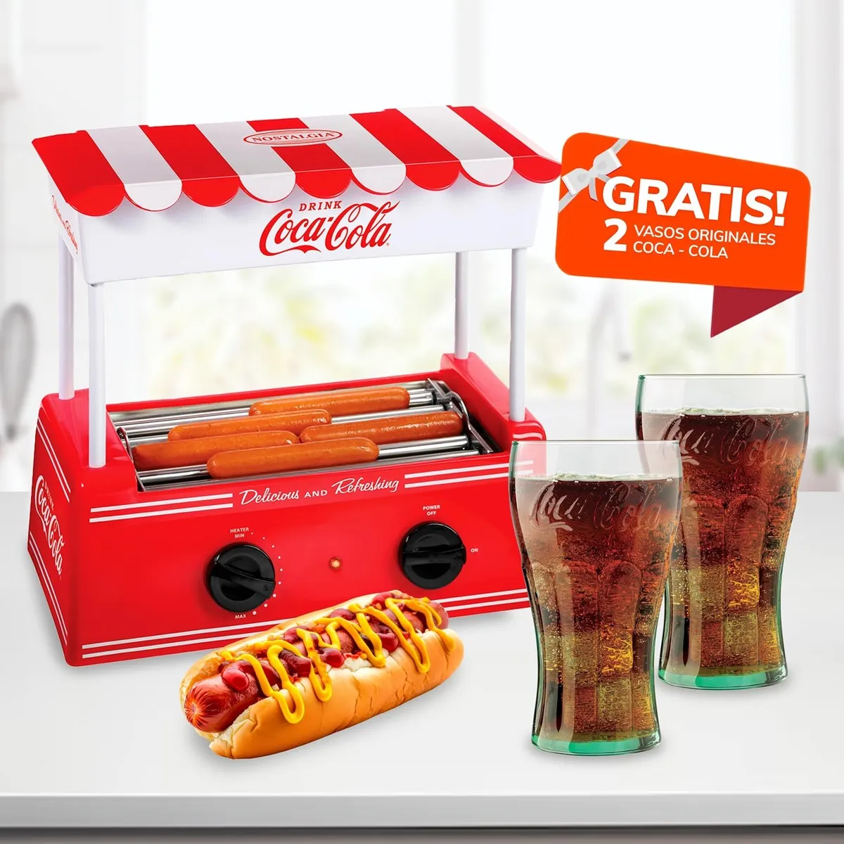 NOSTALGIA - Rodillo Freidor para Hot Dog y 2 Vasos Coca-Cola Original