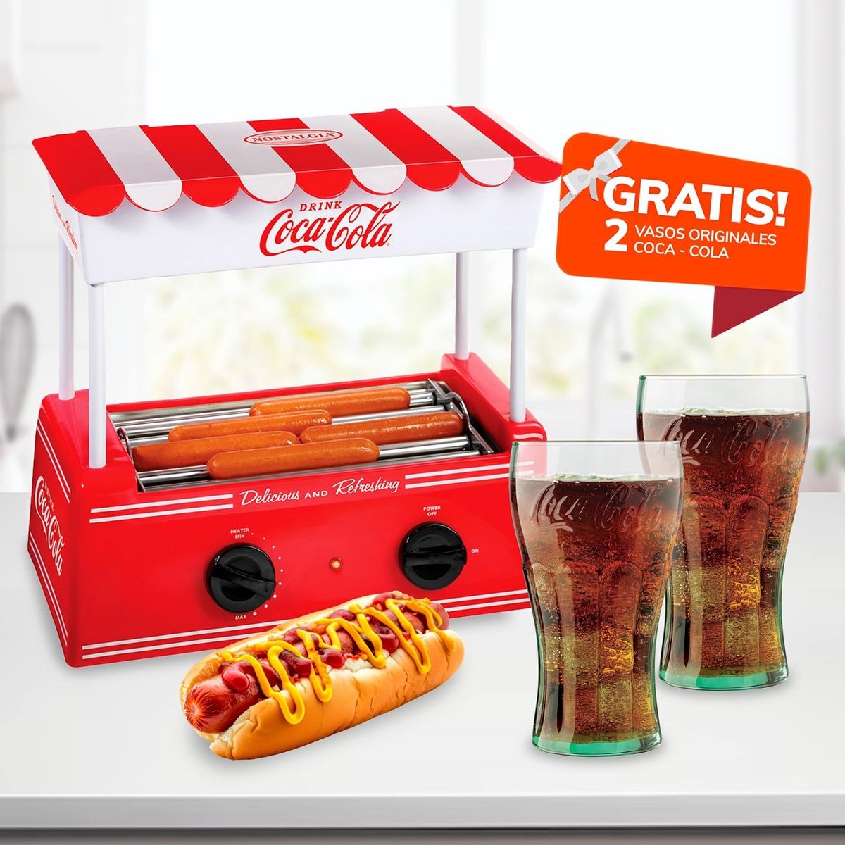 NOSTALGIA - Rodillo Freidor para Hot Dog y 2 Vasos Coca-Cola Original