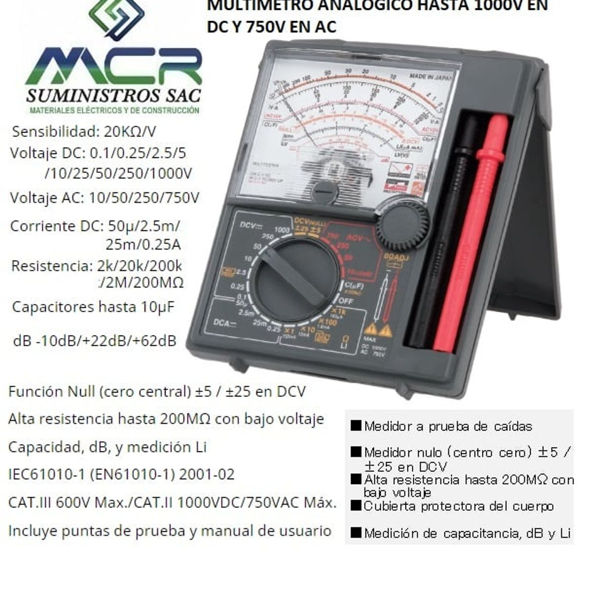 GENERICO - MILTITESTER O MULTIMETRO ANALOGICO HASTA 1000V EN DC Y 750V EN AC