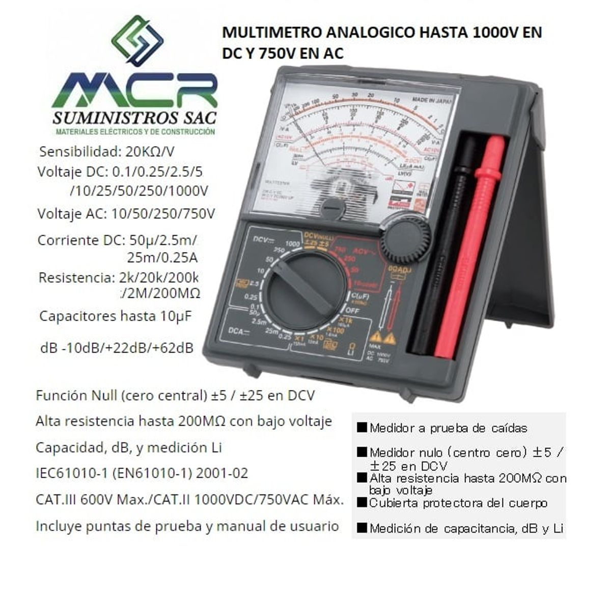 GENERICO - MILTITESTER O MULTIMETRO ANALOGICO HASTA 1000V EN DC Y 750V EN AC