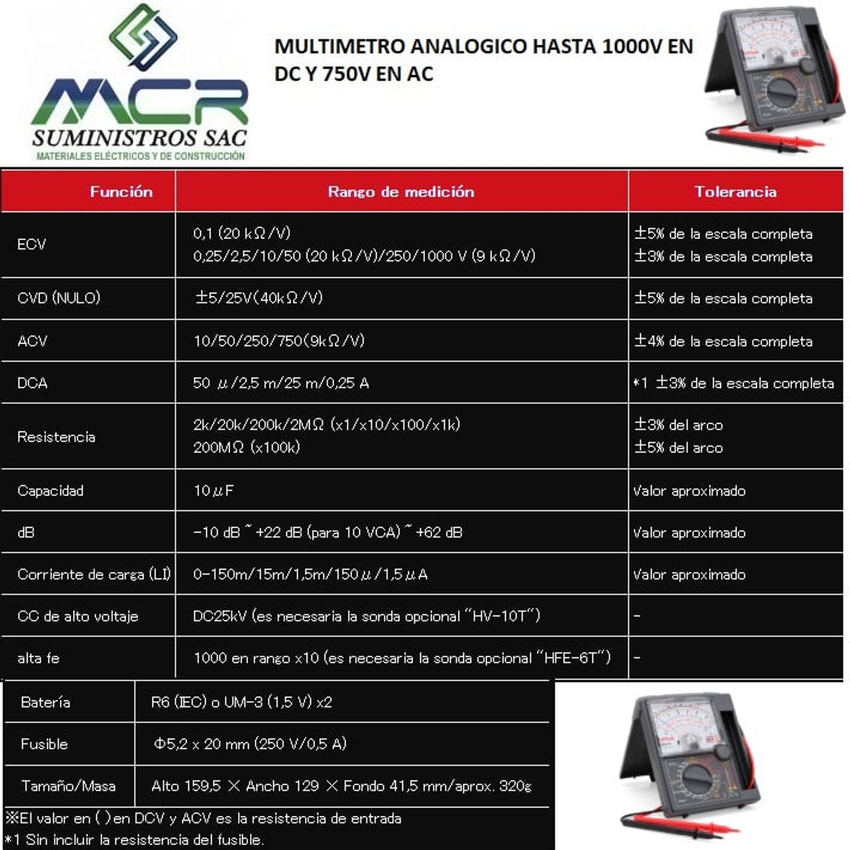 GENERICO - MILTITESTER O MULTIMETRO ANALOGICO HASTA 1000V EN DC Y 750V EN AC