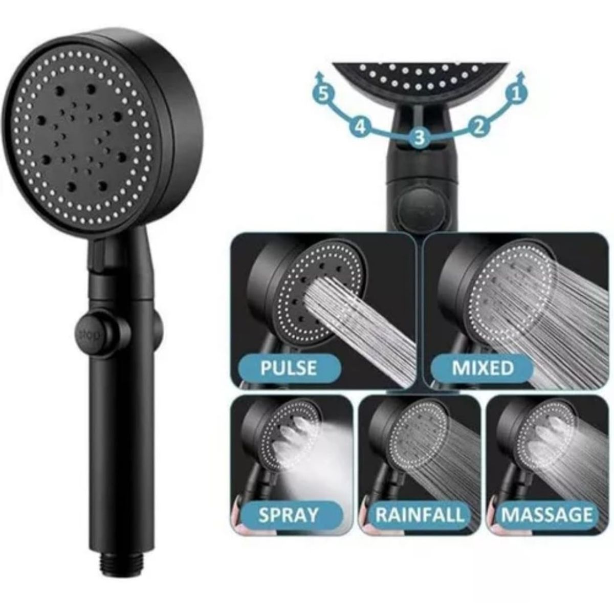 GENERICO - Ducha Teléfono 5 en 1,ABS con botón color Negro Mate, Multifuncional, manguera 150cm Negro