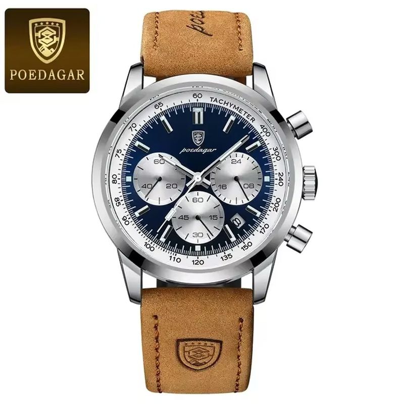 GENERICO - RELOJ HOMBRE CUERO MARRÓN FONDO PLATEADO AZUL POEDAGAR