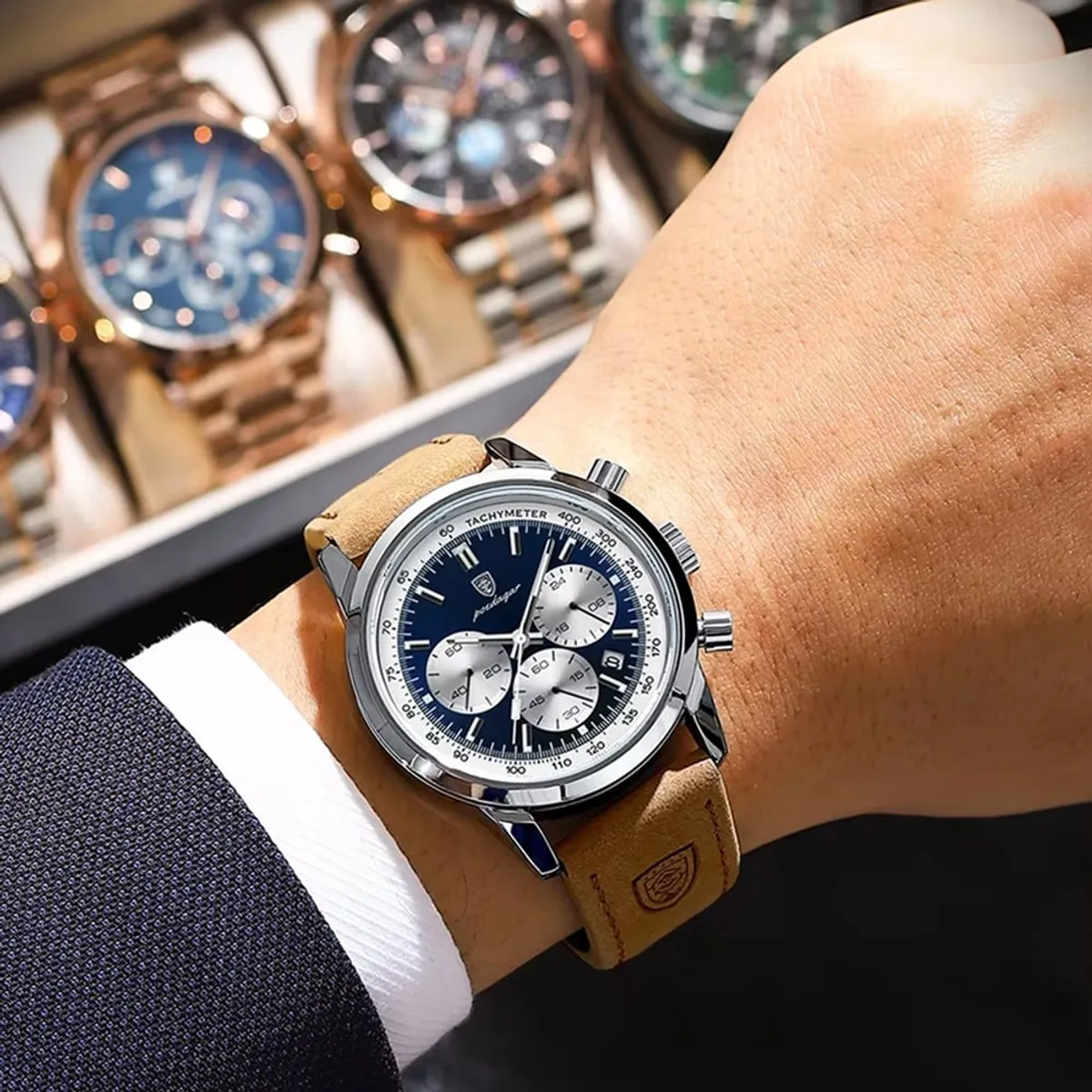 GENERICO - RELOJ HOMBRE CUERO MARRÓN FONDO PLATEADO AZUL POEDAGAR