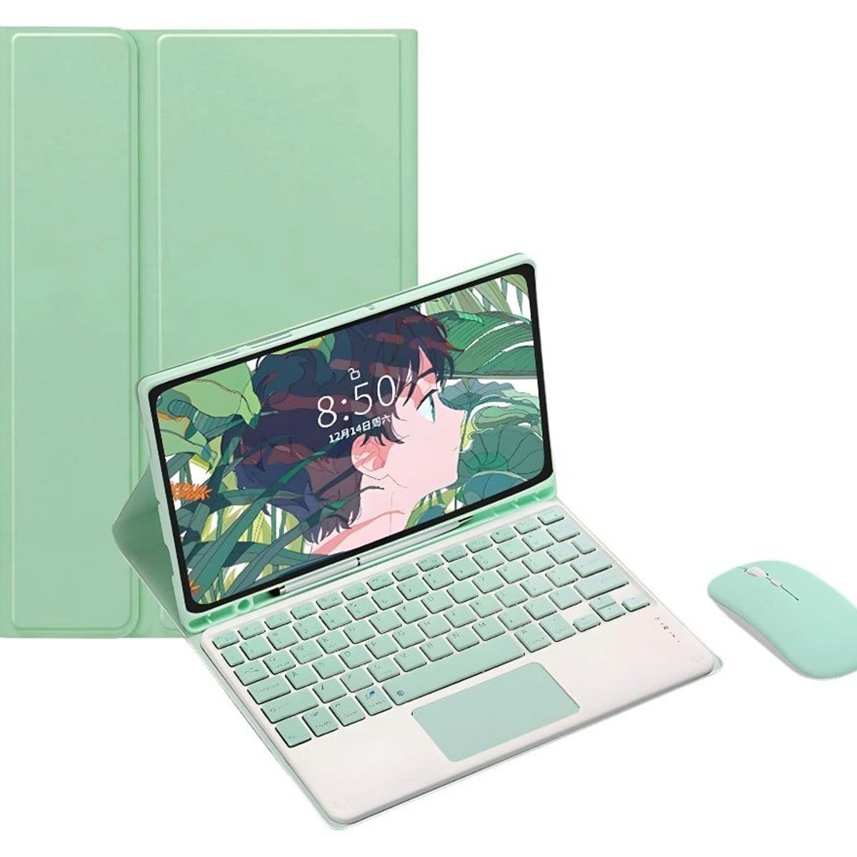 FUNDAANTIGOLPES - Funda con Teclado + mouse para Tablet Samsung S7 FE 12,4 Verde claro
