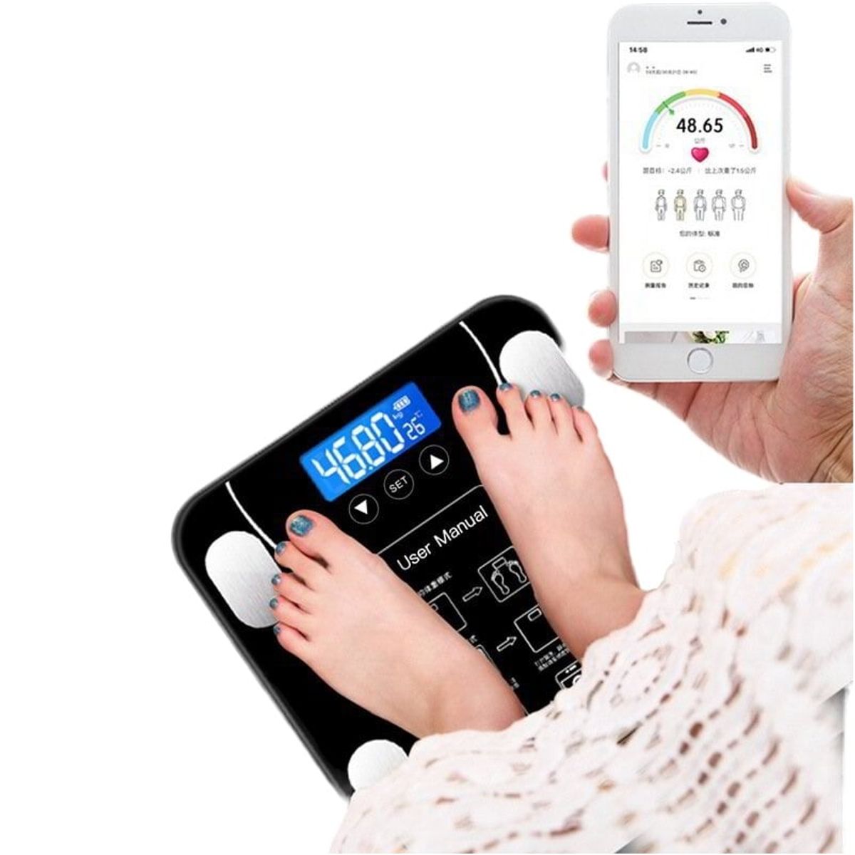 GENERICO - BALANZA DIGITAL BLUETOOTH CAPACIDAD 180 KG – RECARGABLE - NEGRO