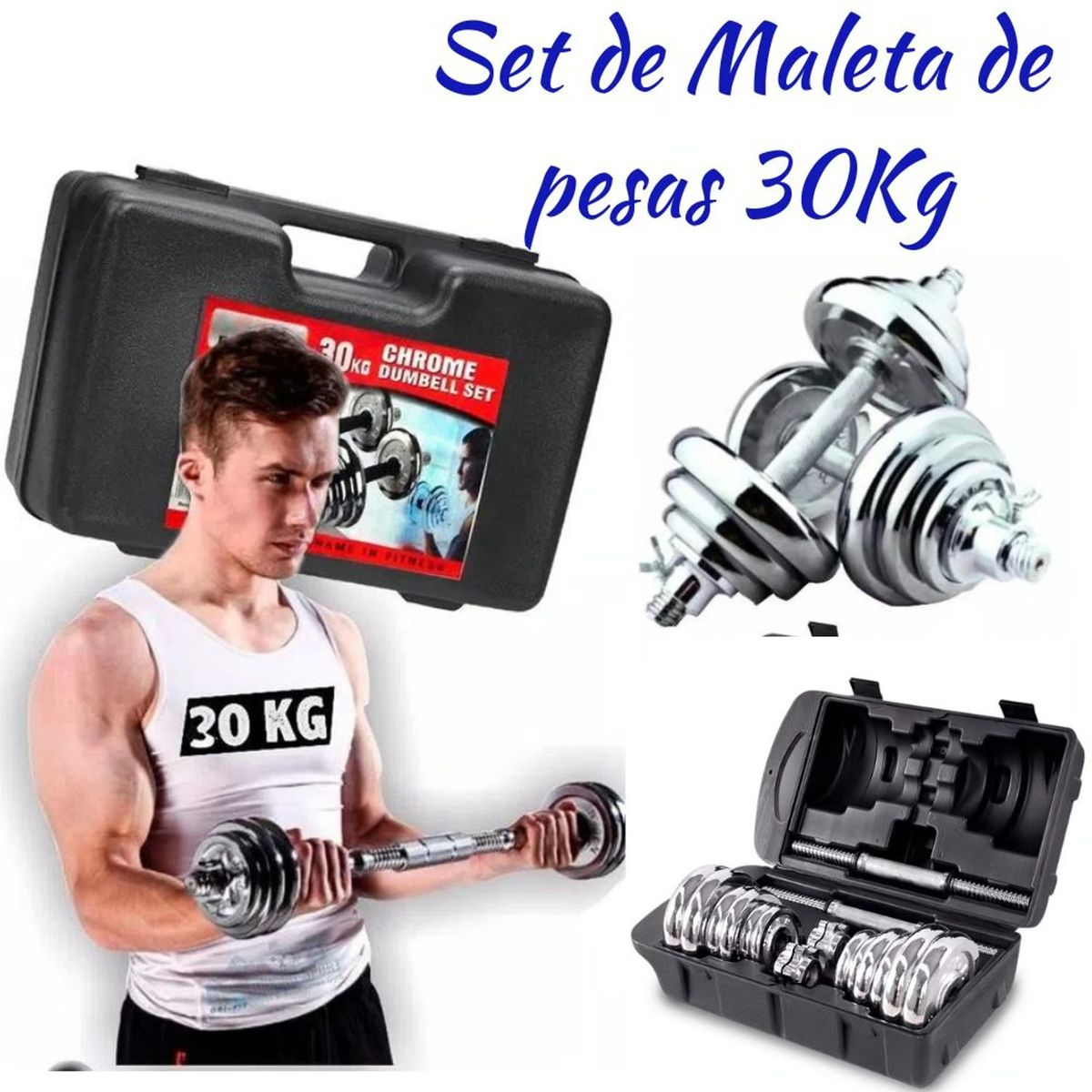 OEM - Set de Mancuernas Cromadas Pesas 30Kg Regulable Maletín