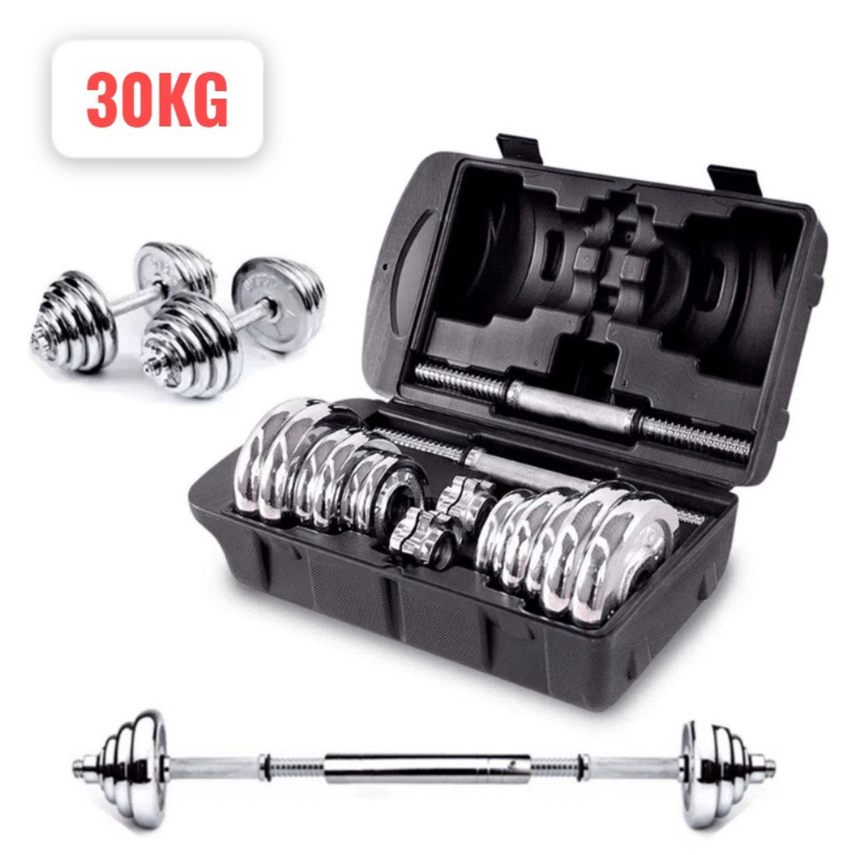 OEM - Set de Mancuernas Cromadas Pesas 30Kg Regulable Maletín