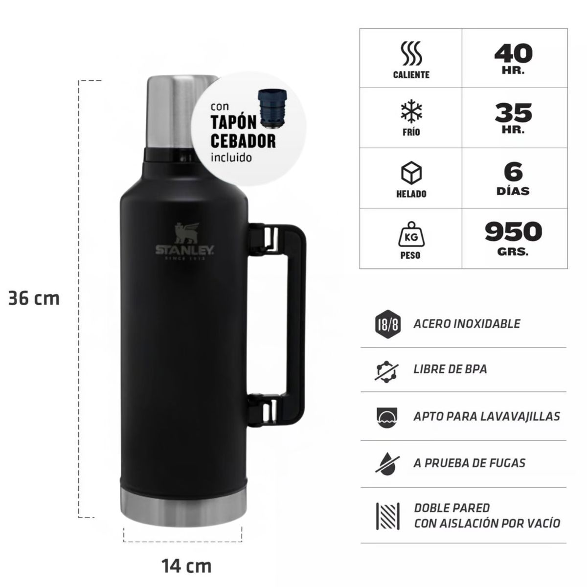 STANLEY - Combo Stanley Termo Classic 14 L + Matero 236 Ml + Bombilla Negro