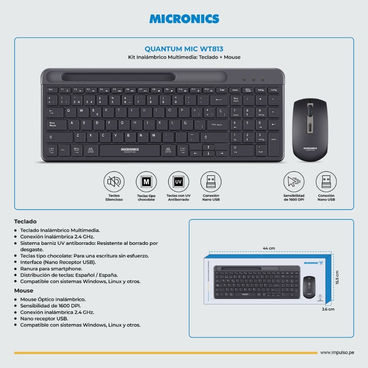 MICRONICS - Kit Inalambrico Teclado Y Mouse Quantum Micronics Wt813