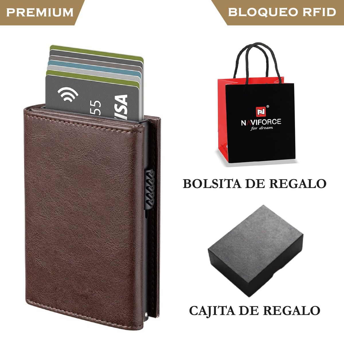 PREMIUM - Billetera Tarjetero Monedero Inteligente RFID Anti Robo Marrón Oscuro