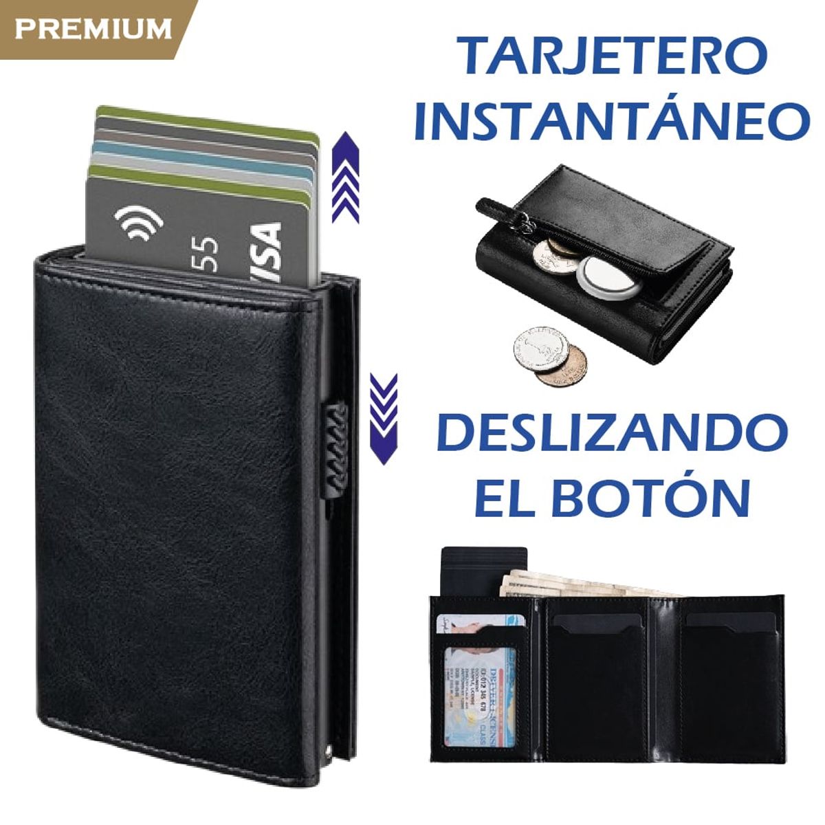 PREMIUM - Billetera Tarjetero Monedero Inteligente RFID Anti Robo Cuero Negro