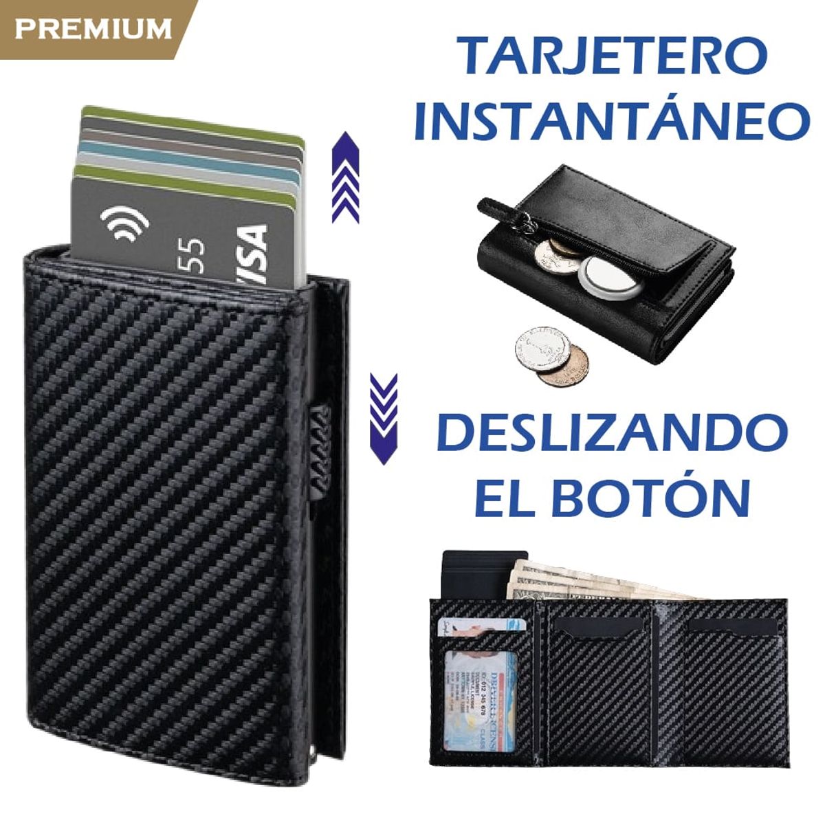PREMIUM - Billetera Tarjetero Monedero Inteligente RFID Anti Robo Fibra Carbono