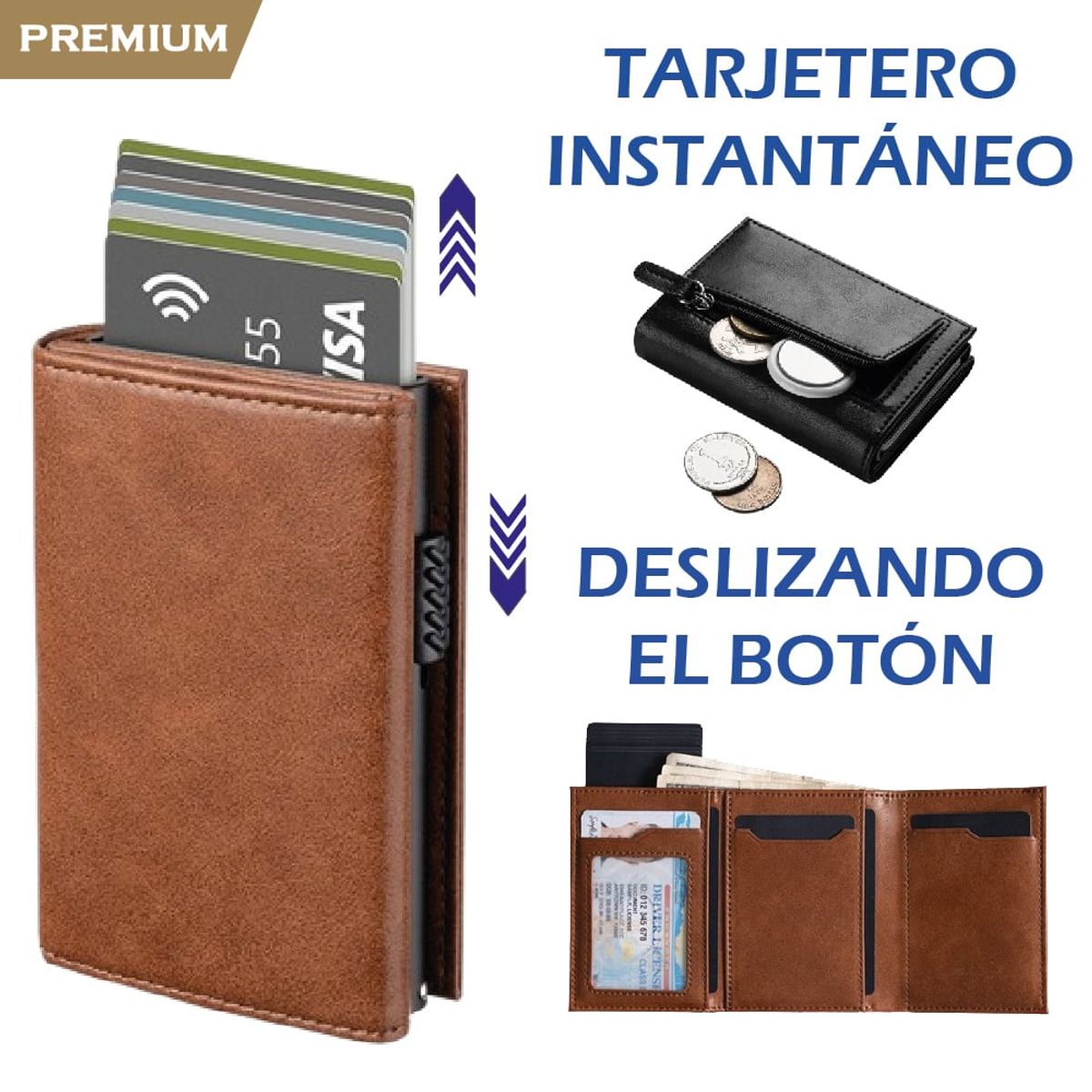 PREMIUM - Billetera Tarjetero Monedero Inteligente RFID Anti Robo Marrón Claro