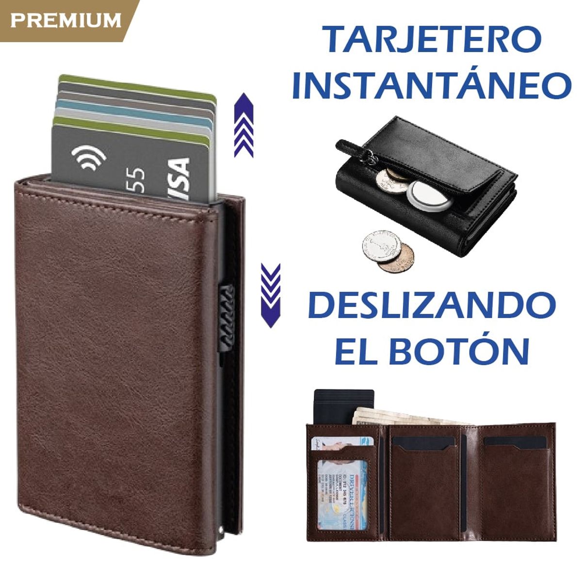 PREMIUM - Billetera Tarjetero Monedero Inteligente RFID Anti Robo Marrón Oscuro