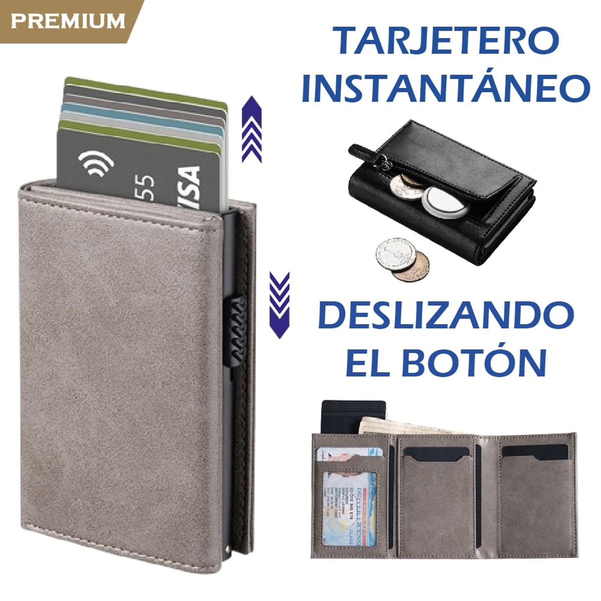 PREMIUM - Billetera Tarjetero Monedero Inteligente RFID Anti Robo Cuero Gris