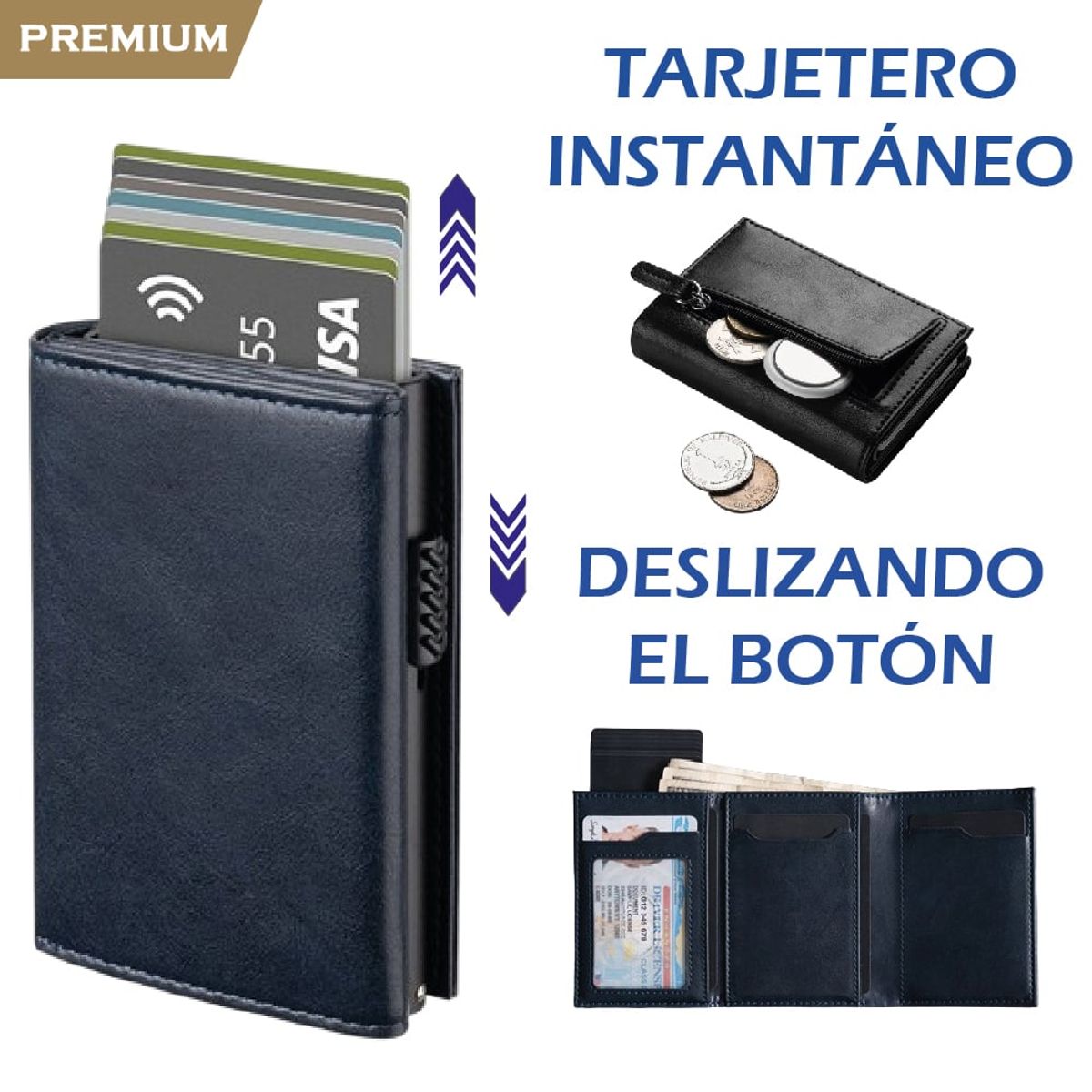 PREMIUM - Billetera Tarjetero Monedero Inteligente RFID Anti Robo Cuero Azul