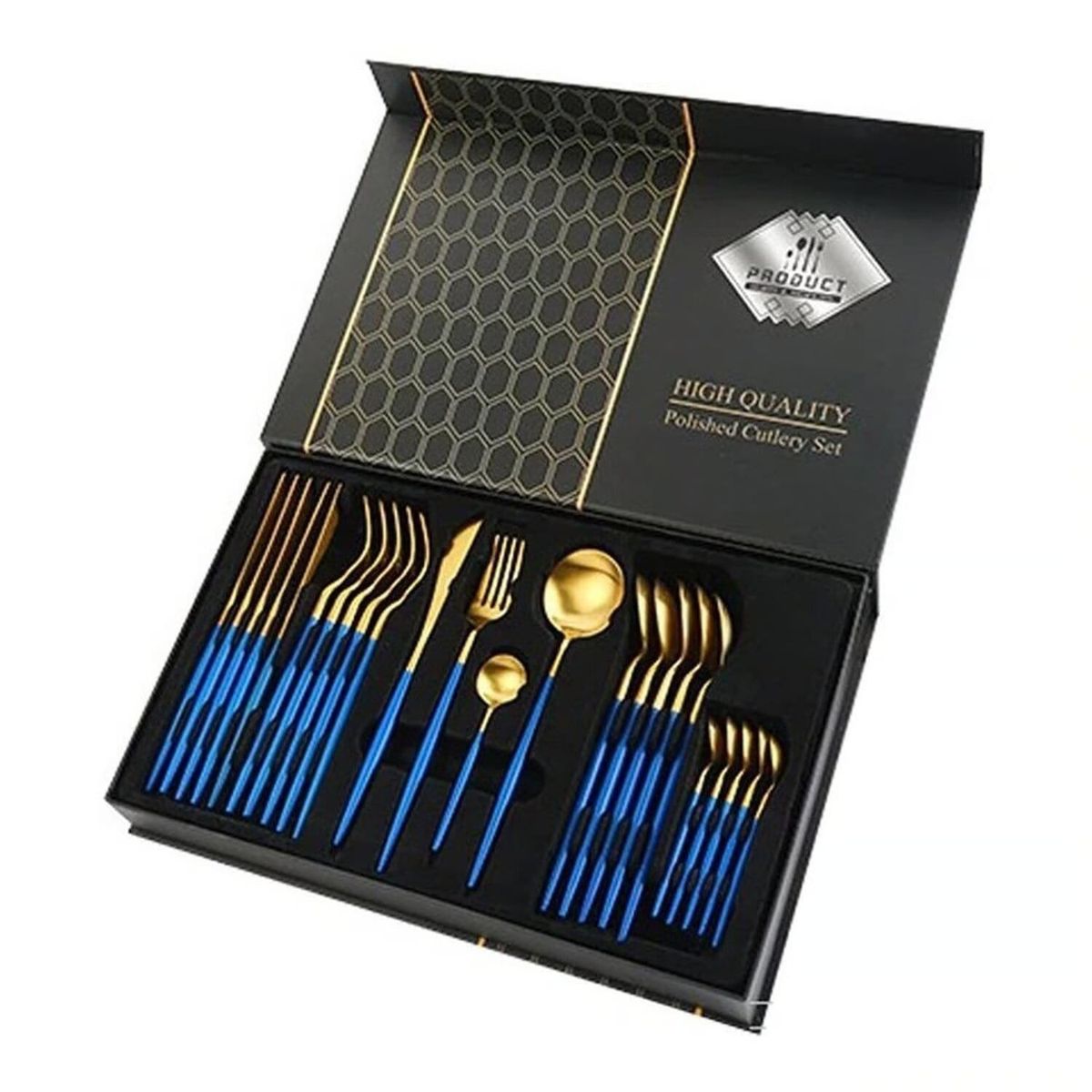 GENERICO - Juego de cubiertos dorado y azul PREMIUM de 24 piezas y caja de regalo